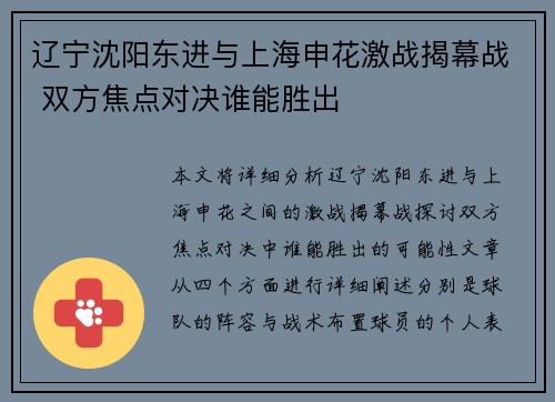 辽宁沈阳东进与上海申花激战揭幕战 双方焦点对决谁能胜出